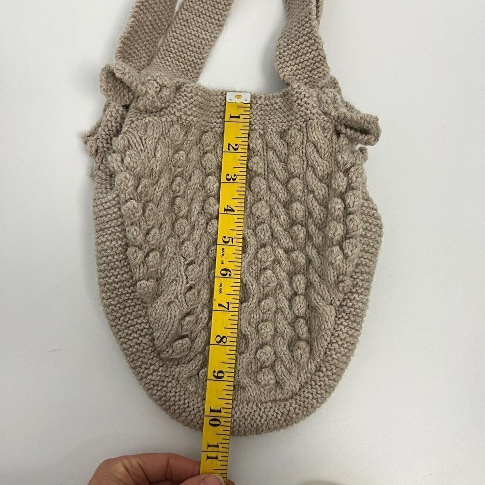 Cable Knit Hand Made Wool Blend Tan Neutral Boho Granny Grandma Tote Bag - Picture 2 of 9